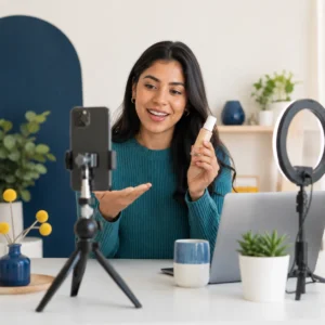 Creadora UGC grabando contenido para marcas con un teléfono móvil