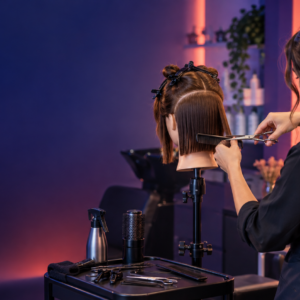 Estilista practicando un corte de cabello femenino en un maniquí de peluquería