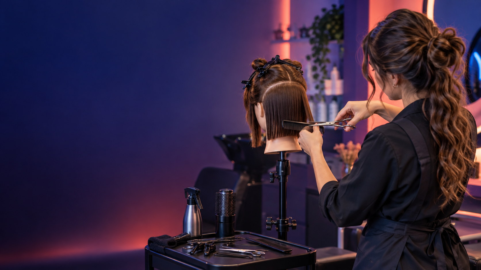 Estilista practicando un corte de cabello femenino en un maniquí de peluquería