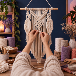 Manos tejiendo un tapiz de macramé con cordón de algodón en un estudio creativo