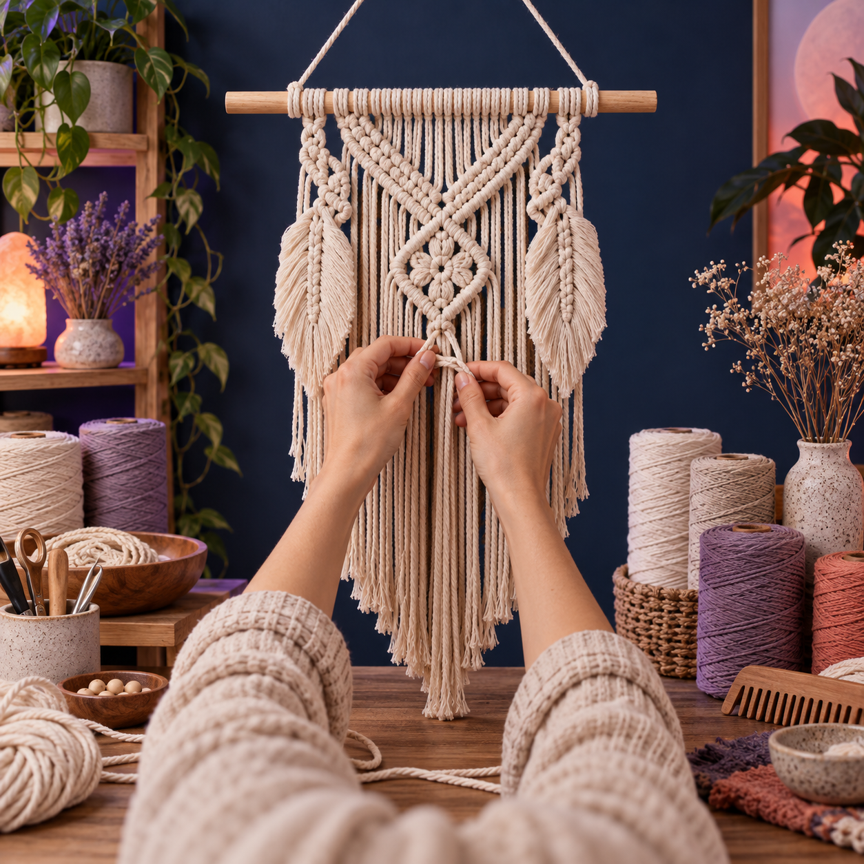 Manos tejiendo un tapiz de macramé con cordón de algodón en un estudio creativo