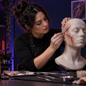 Artista aplicando una prótesis de maquillaje FX sobre una cabeza de práctica