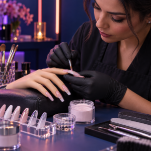 Manicurista aplicando un diseño de uñas acrílicas con pincel de precisión