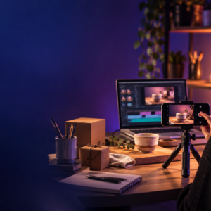 Creadora grabando y editando videos creativos desde un smartphone para su emprendimiento